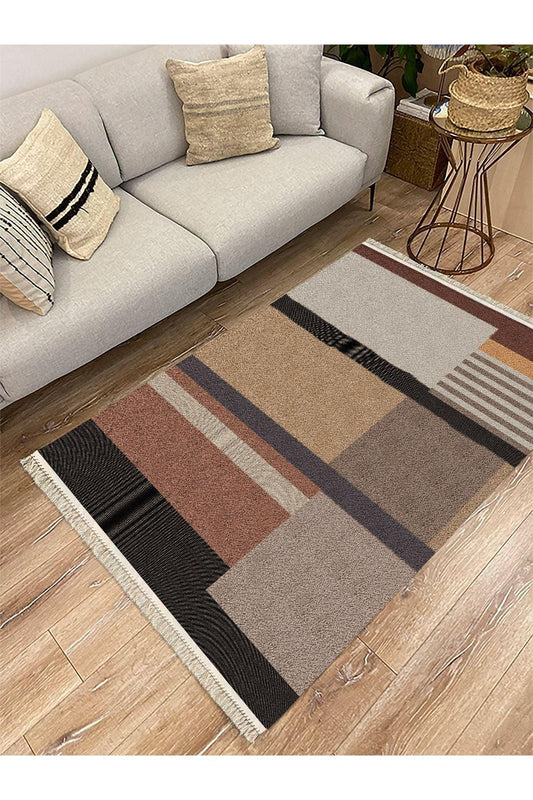 Cotton Serisi Kahve Tonlarında Geometrik Tüylü Görünümlü Modern Desen Dekoratif Dokuma Taban Kilim - HALI VAGONU
