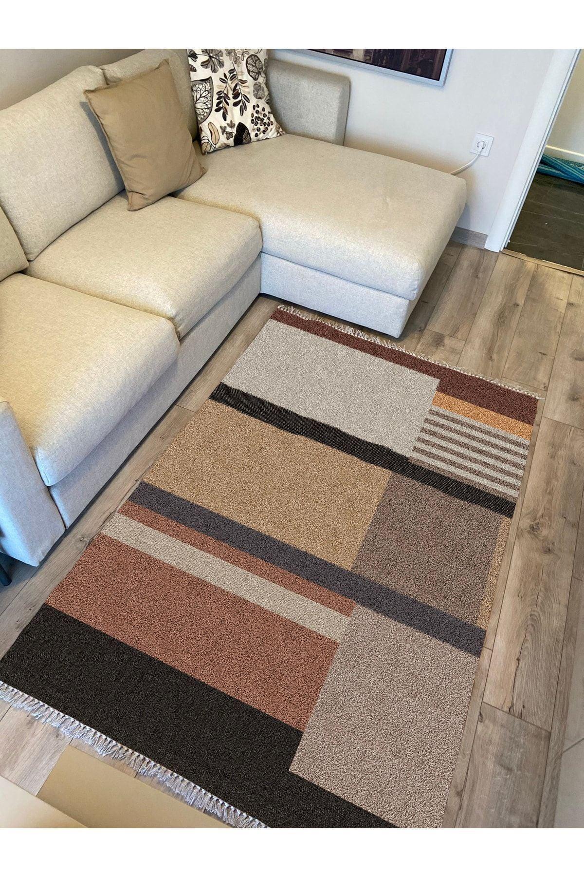Cotton Serisi Kahve Tonlarında Geometrik Tüylü Görünümlü Modern Desen Dekoratif Dokuma Taban Kilim - HALI VAGONU