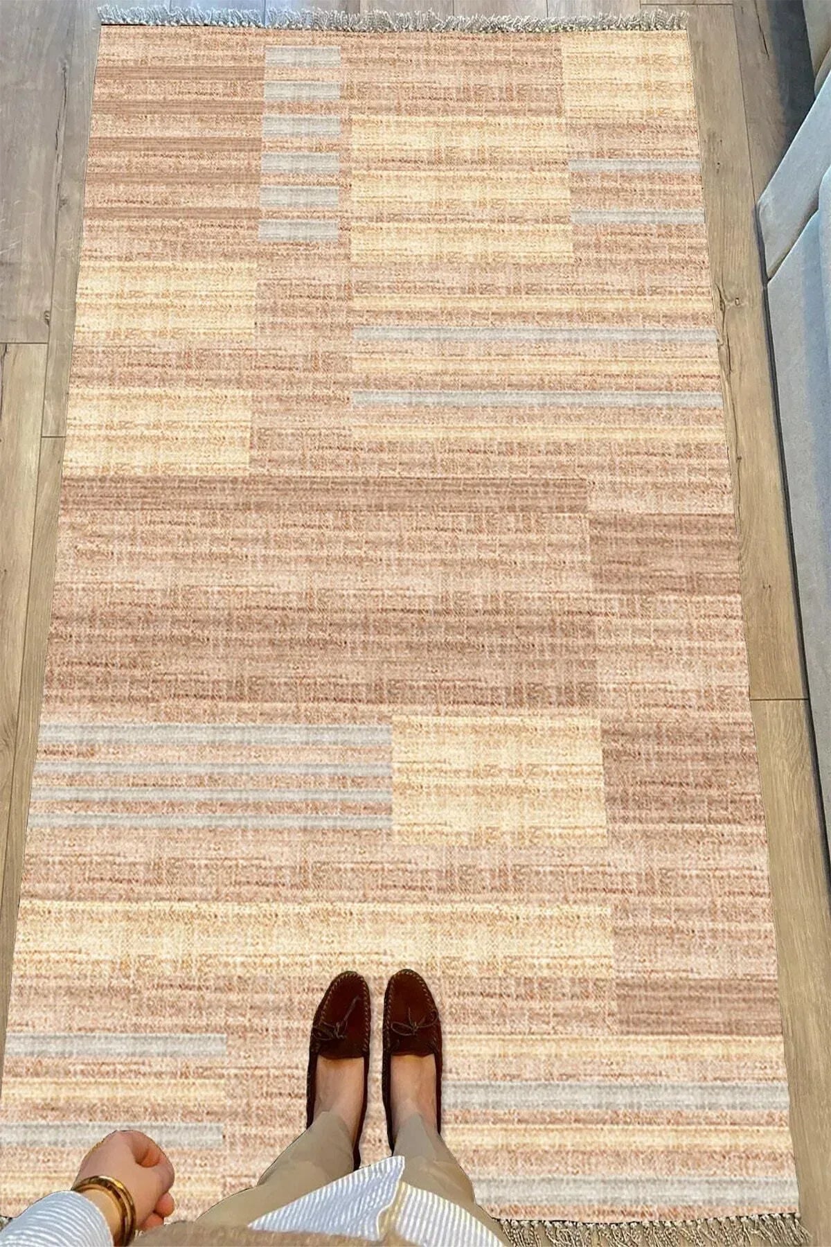 Cotton Serisi Kahve Tonlarında Hasır Görünmlü Eskitme Desen Dekoratif Dokuma Taban Kilim - HALI VAGONU
