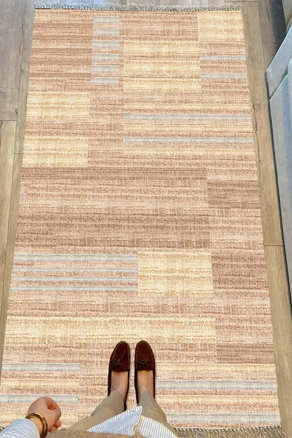 Cotton Serisi Kahve Tonlarında Hasır Görünmlü Eskitme Desen Dekoratif Dokuma Taban Kilim - HALI VAGONU