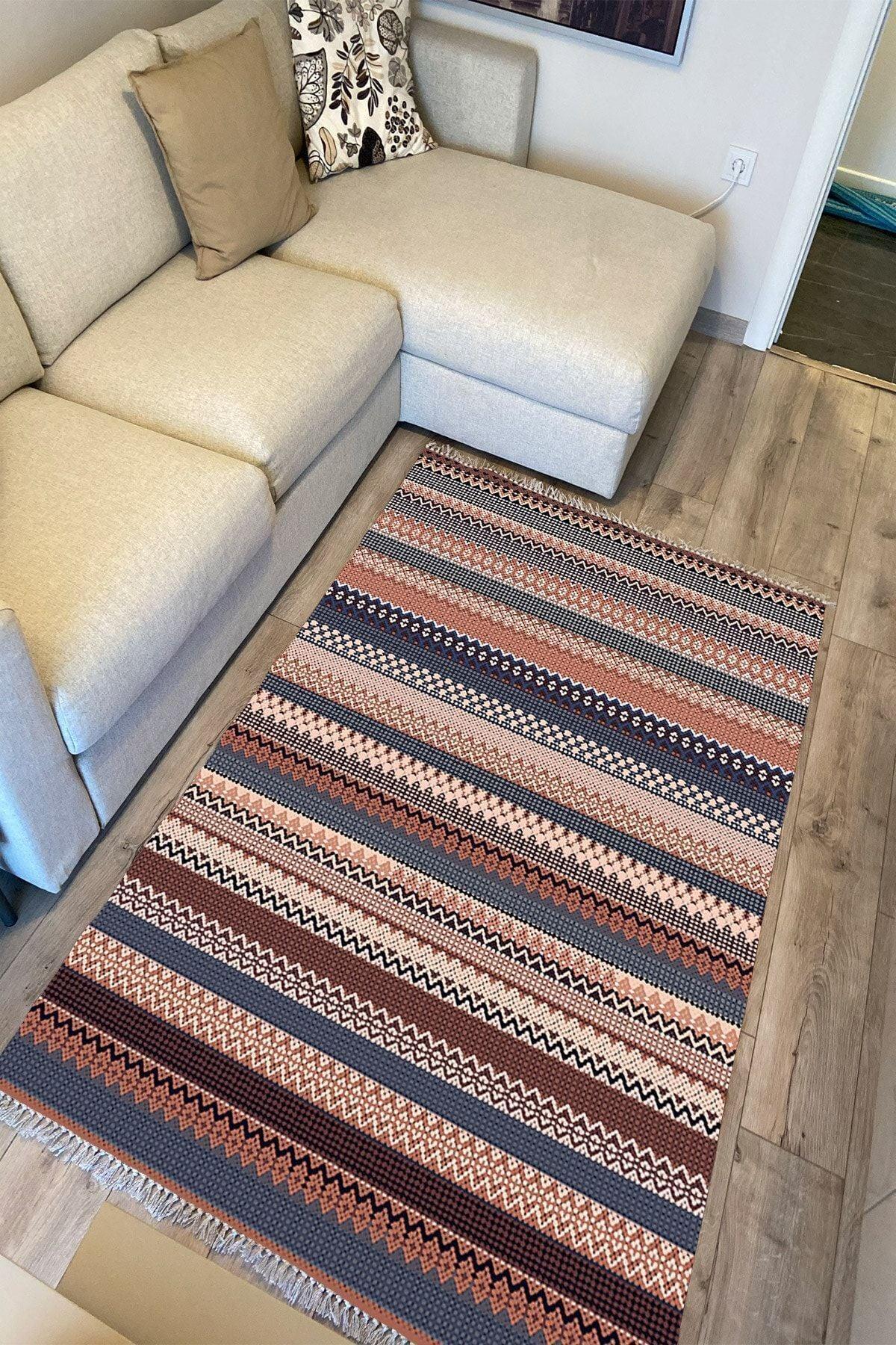 Cotton Serisi Kahve Tonlarında Zikzaklı Eskitme Otantik Etnik Desen Dekoratif Dokuma Taban Kilim - HALI VAGONU