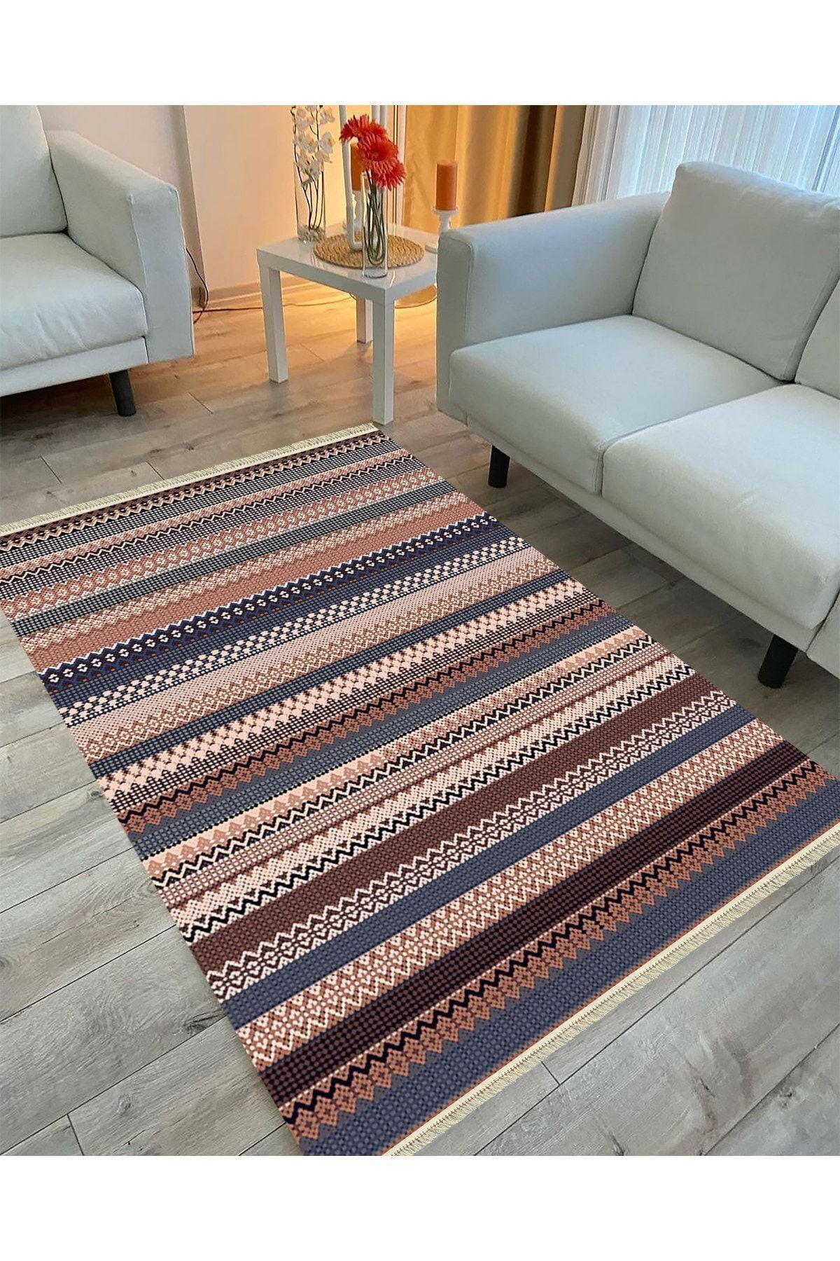Cotton Serisi Kahve Tonlarında Zikzaklı Eskitme Otantik Etnik Desen Dekoratif Dokuma Taban Kilim - HALI VAGONU