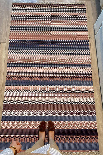 Cotton Serisi Kahve Tonlarında Zikzaklı Eskitme Otantik Etnik Desen Dekoratif Dokuma Taban Kilim - HALI VAGONU