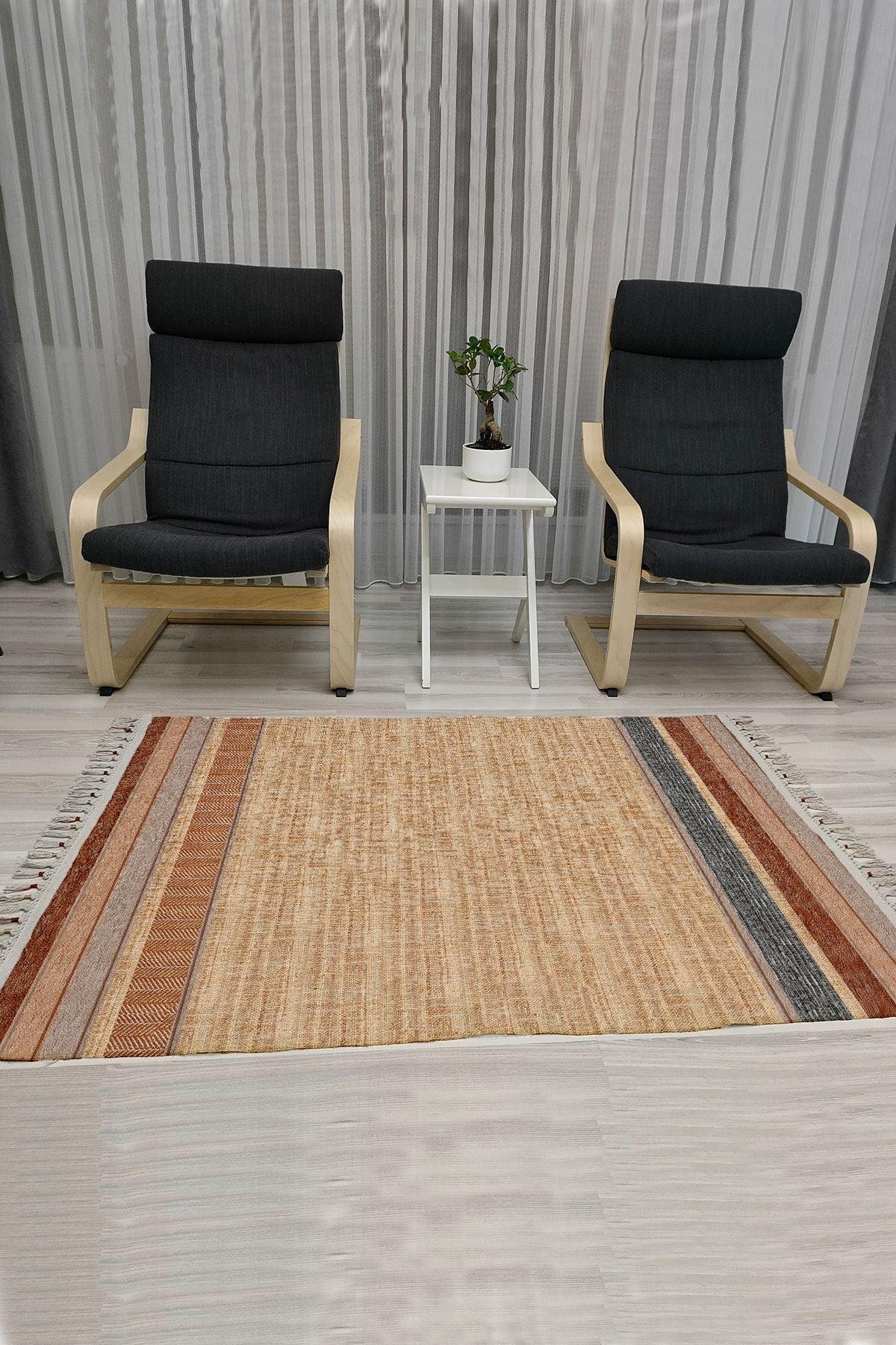 Cotton Serisi Kahve Ve Gri Tonlarında Bordürlü Eskitme Desenli Dekoratif Dokuma Taban Kilim - HALI VAGONU