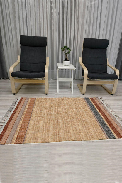 Cotton Serisi Kahve Ve Gri Tonlarında Bordürlü Eskitme Desenli Dekoratif Dokuma Taban Kilim - HALI VAGONU