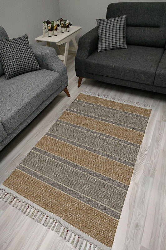Cotton Serisi Kahve Ve Gri Tonlarında Çizgili Eskitme Desenli Dekoratif Dokuma Taban Kilim - HALI VAGONU