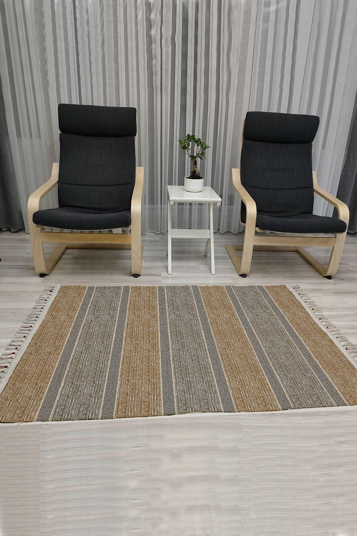 Cotton Serisi Kahve Ve Gri Tonlarında Çizgili Eskitme Desenli Dekoratif Dokuma Taban Kilim - HALI VAGONU