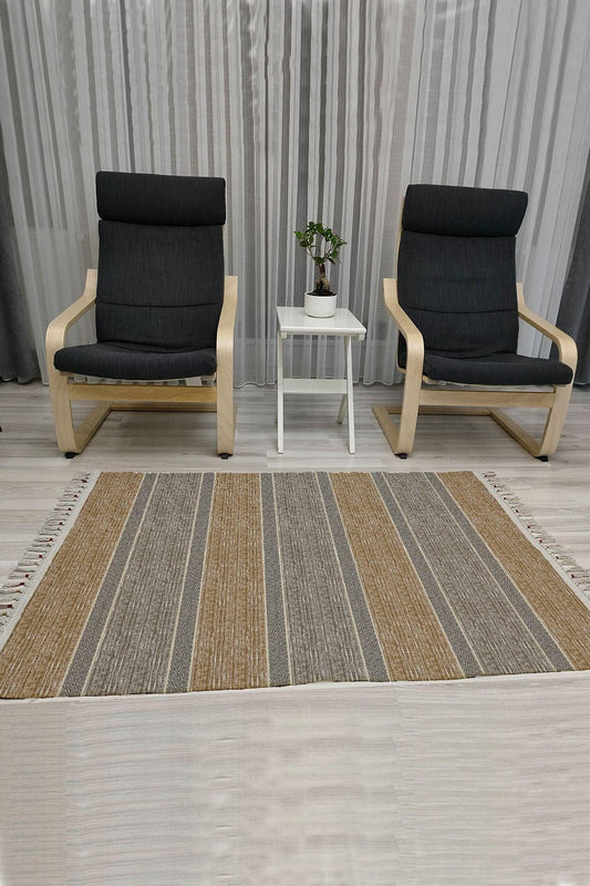Cotton Serisi Kahve Ve Gri Tonlarında Çizgili Eskitme Desenli Dekoratif Dokuma Taban Kilim - HALI VAGONU