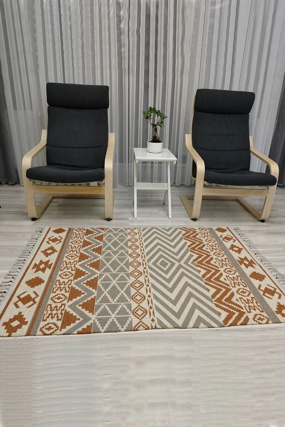 Cotton Serisi Kahve Ve Gri Tonlarında Otantik Geometrik Desenli Dekoratif Dokuma Taban Kilim - HALI VAGONU