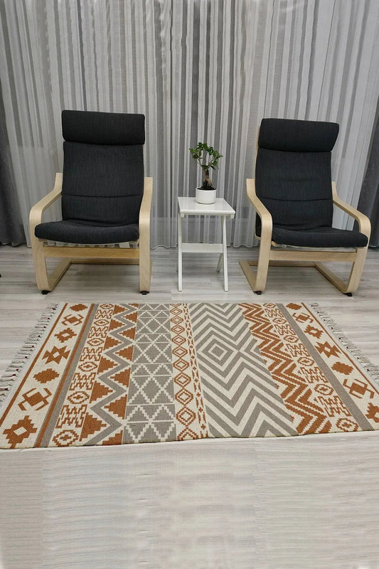 Cotton Serisi Kahve Ve Gri Tonlarında Otantik Geometrik Desenli Dekoratif Dokuma Taban Kilim - HALI VAGONU