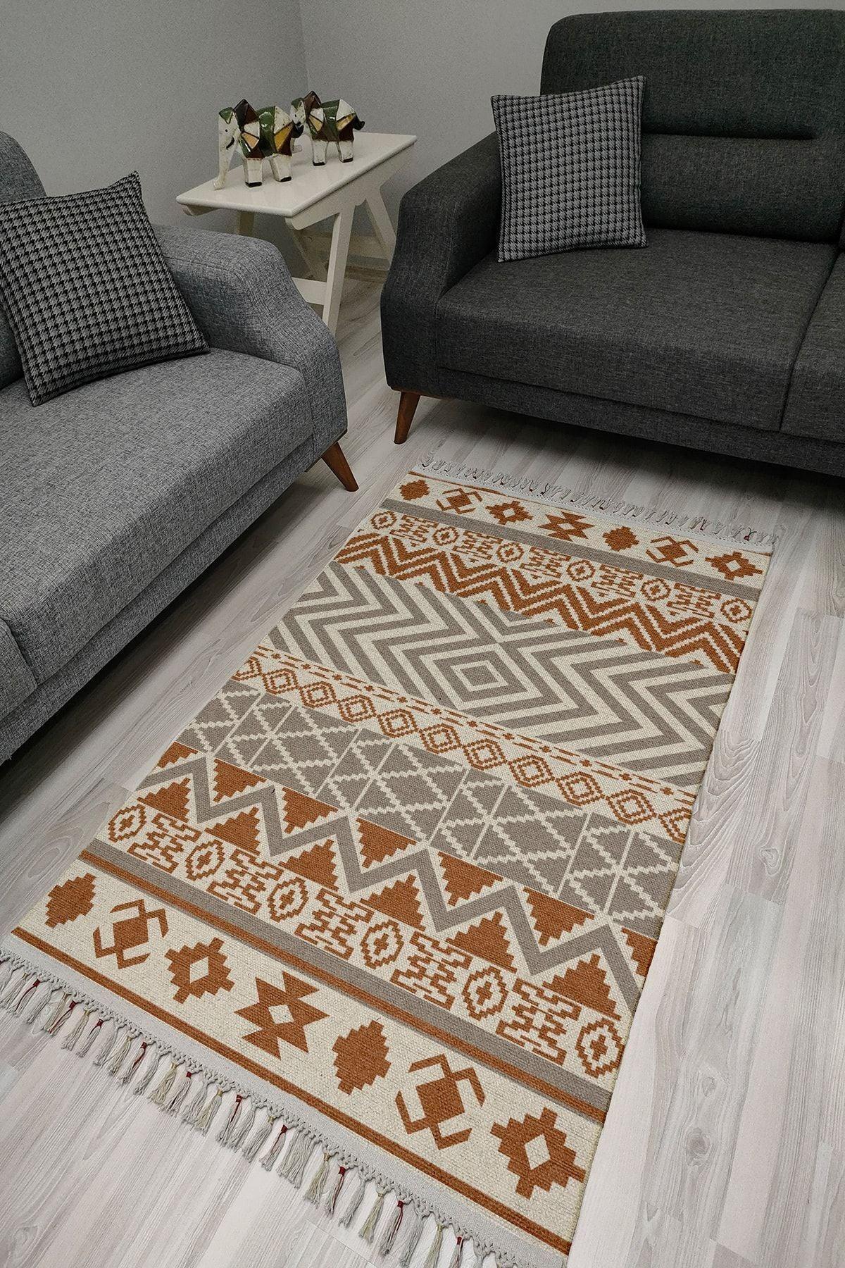 Cotton Serisi Kahve Ve Gri Tonlarında Otantik Geometrik Desenli Dekoratif Dokuma Taban Kilim - HALI VAGONU