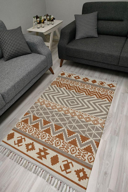 Cotton Serisi Kahve Ve Gri Tonlarında Otantik Geometrik Desenli Dekoratif Dokuma Taban Kilim - HALI VAGONU
