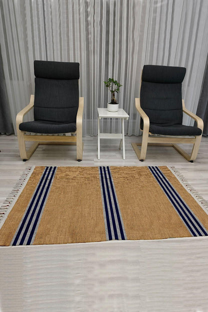 Cotton Serisi Kahverengi Taban Üzerinde Gri Ve Lacivert Ince Bordürlü Dekoratif Dokuma Taban Kilim - HALI VAGONU