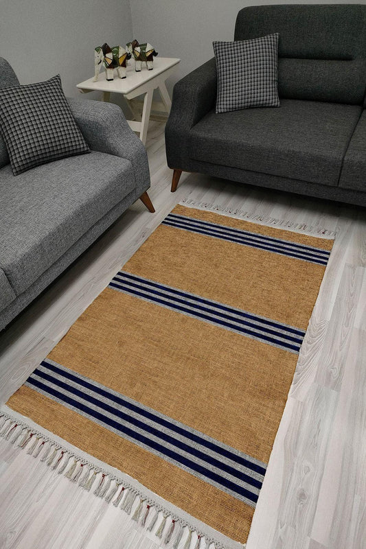 Cotton Serisi Kahverengi Taban Üzerinde Gri Ve Lacivert Ince Bordürlü Dekoratif Dokuma Taban Kilim - HALI VAGONU