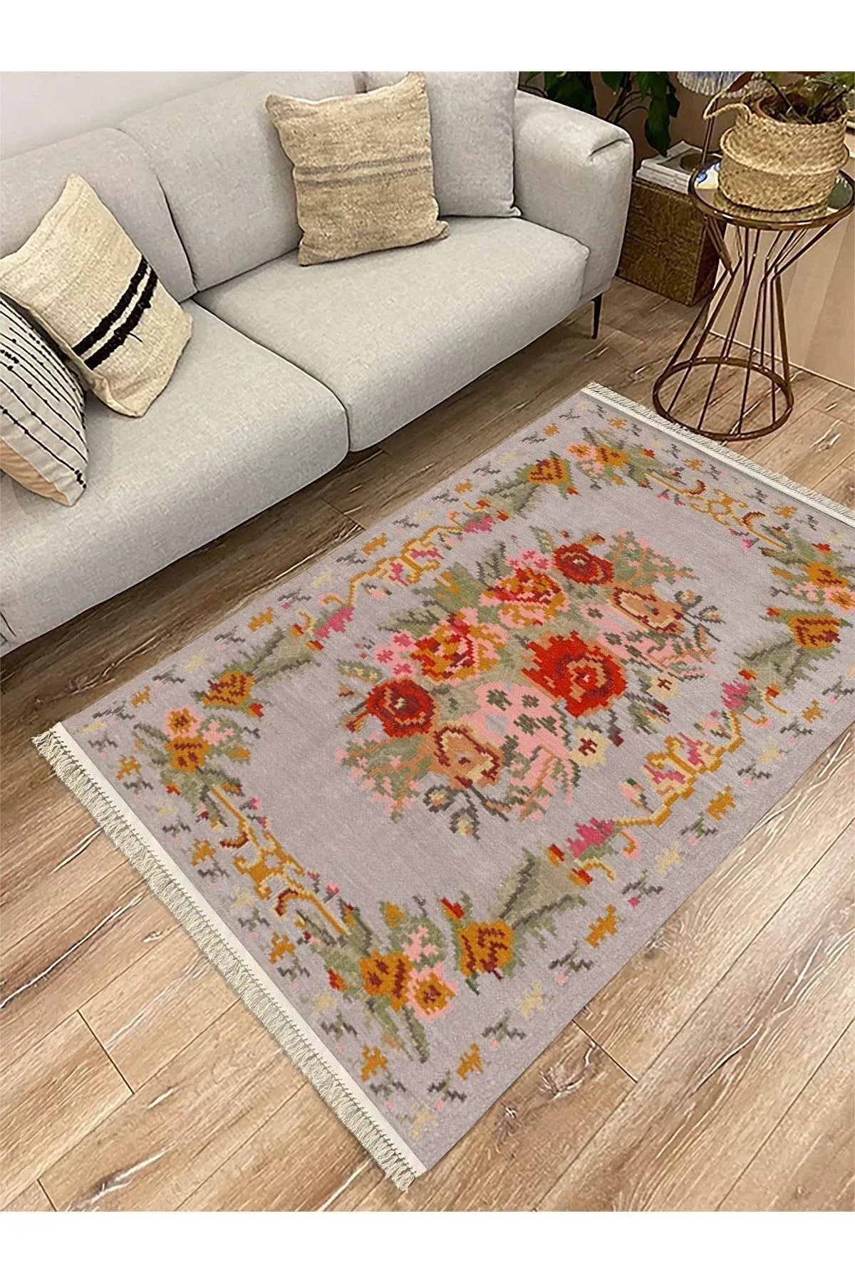 Cotton Serisi Kırmızı Çiçekli Bordürlü Gri Taban Otantik Dekoratif Dokuma Taban Kilim - HALI VAGONU