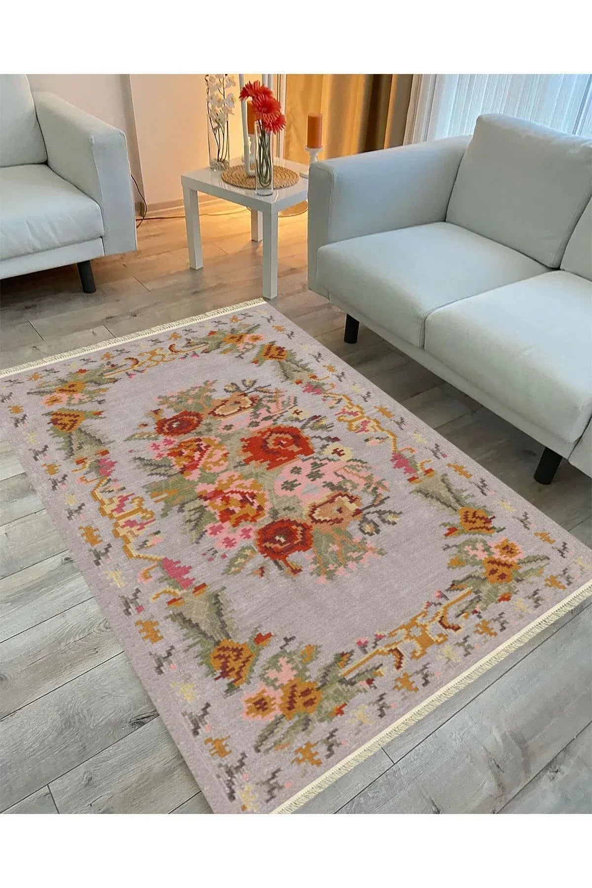 Cotton Serisi Kırmızı Çiçekli Bordürlü Gri Taban Otantik Dekoratif Dokuma Taban Kilim - HALI VAGONU