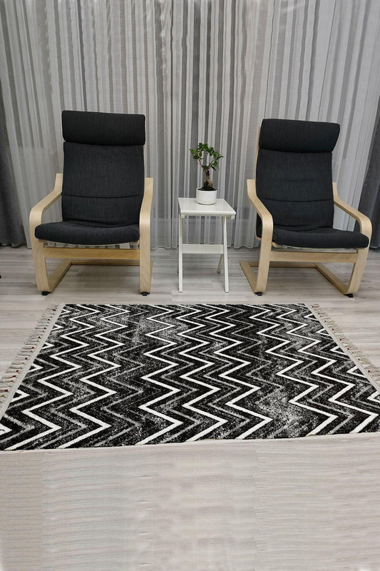 Cotton Serisi Koyu Gri Zikzak Eskitme Desenli Dekoratif Dokuma Taban Kilim - HALI VAGONU