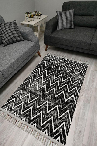 Cotton Serisi Koyu Gri Zikzak Eskitme Desenli Dekoratif Dokuma Taban Kilim - HALI VAGONU