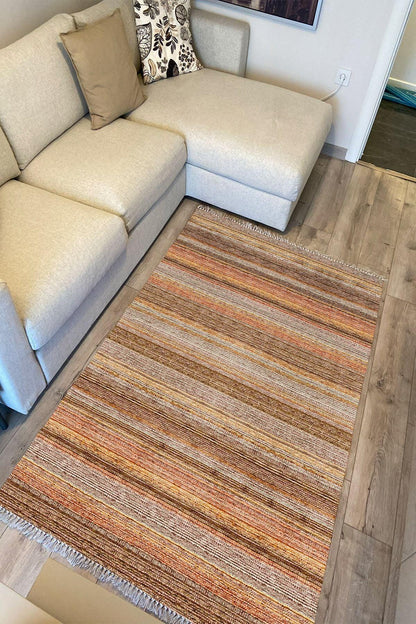 Cotton Serisi Koyu Kahve Tonlarında Mermer Görünümlü Otantik Dekoratif Dokuma Taban Kilim - HALI VAGONU