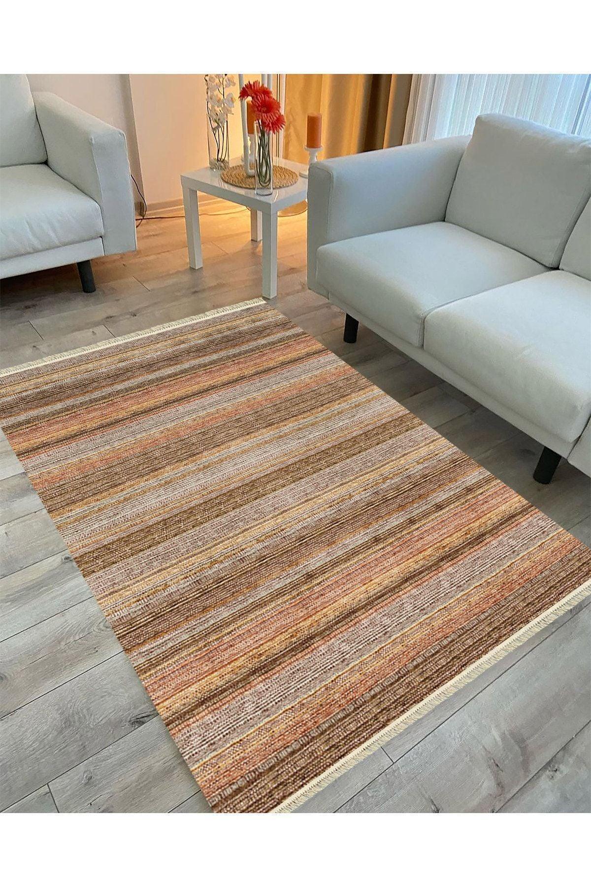Cotton Serisi Koyu Kahve Tonlarında Mermer Görünümlü Otantik Dekoratif Dokuma Taban Kilim - HALI VAGONU