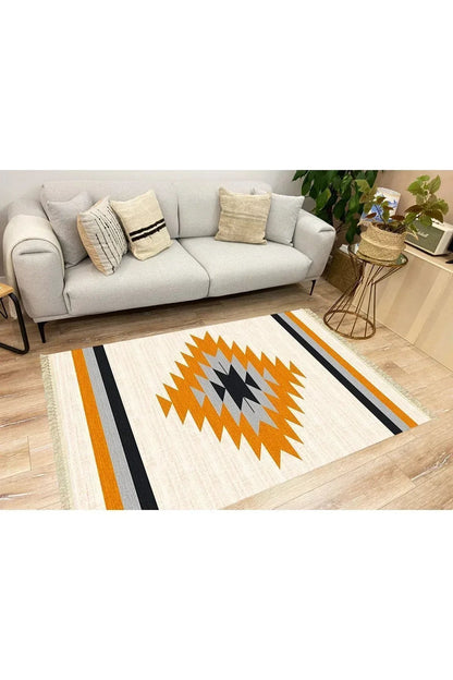 Cotton Serisi Krem Tonlarında Eskitm Desen Dekoratif Dokuma Taban Kilim - HALI VAGONU