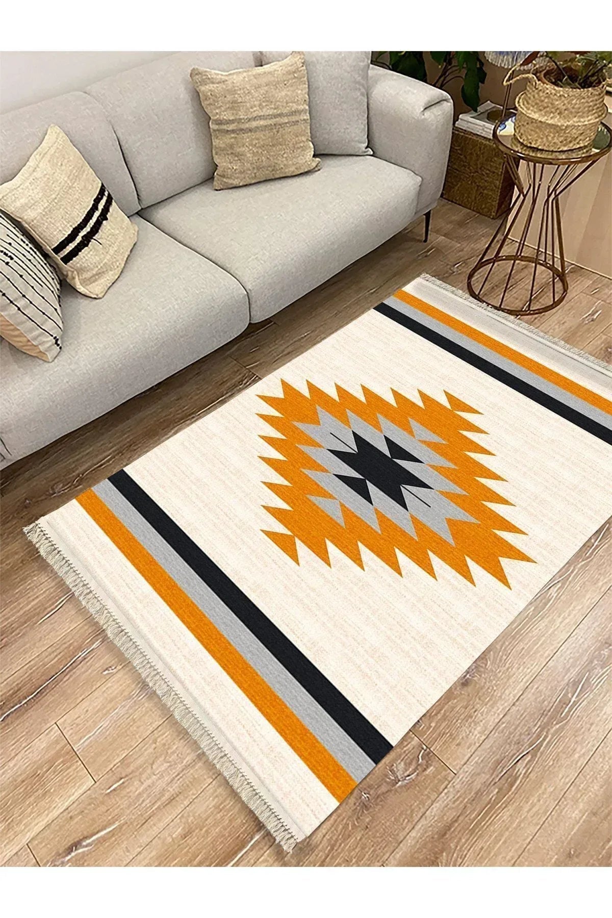 Cotton Serisi Krem Tonlarında Eskitm Desen Dekoratif Dokuma Taban Kilim - HALI VAGONU