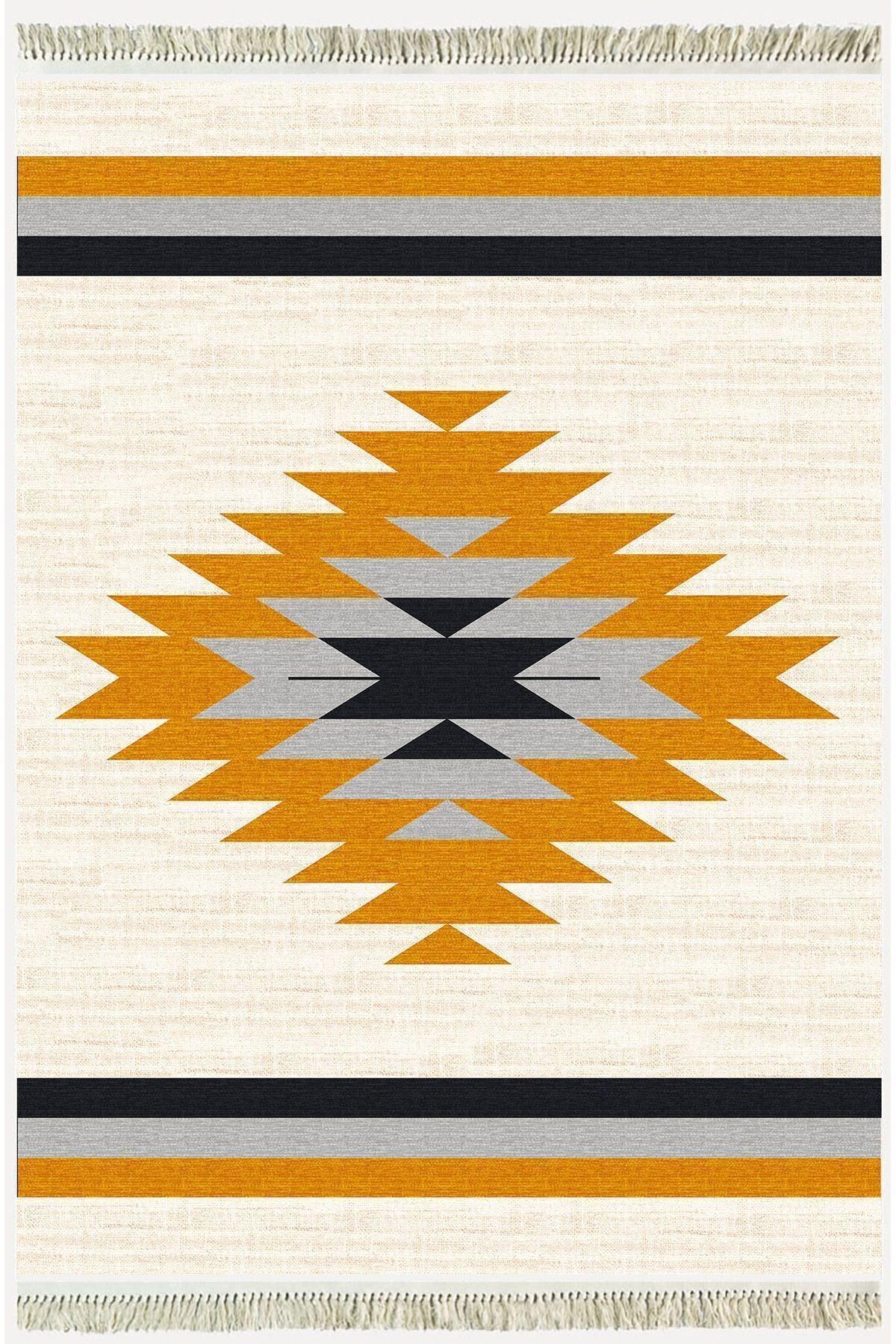 Cotton Serisi Krem Tonlarında Eskitm Desen Dekoratif Dokuma Taban Kilim - HALI VAGONU