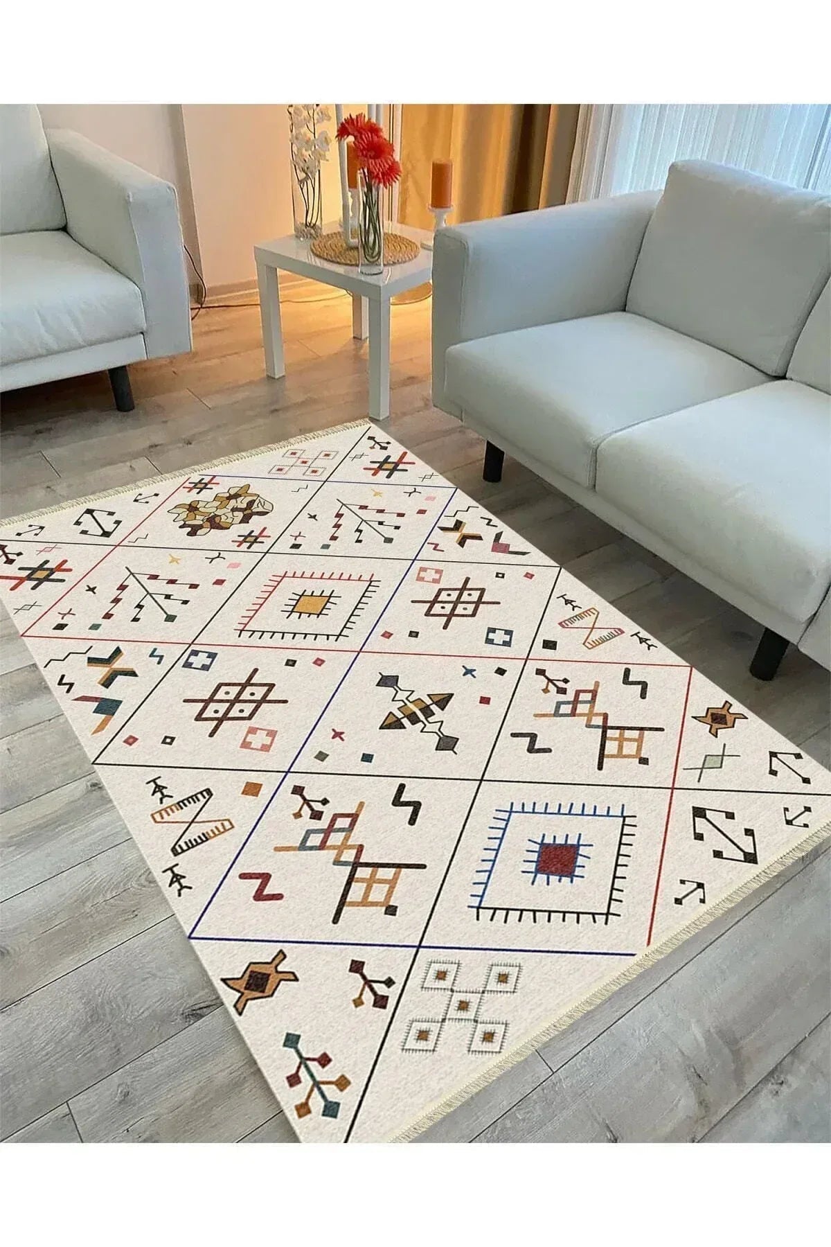 Cotton Serisi Krem Tonlarında Geometrik Desenli Dekoratif Dokuma Taban Kilim - HALI VAGONU