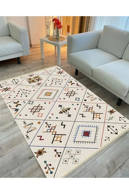 Cotton Serisi Krem Tonlarında Geometrik Desenli Dekoratif Dokuma Taban Kilim - HALI VAGONU
