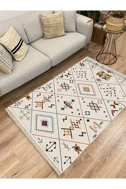 Cotton Serisi Krem Tonlarında Geometrik Desenli Dekoratif Dokuma Taban Kilim - HALI VAGONU