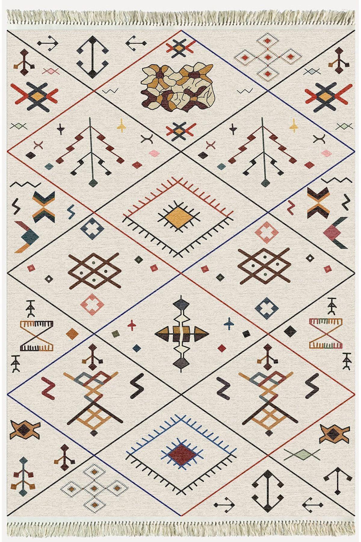 Cotton Serisi Krem Tonlarında Geometrik Desenli Dekoratif Dokuma Taban Kilim - HALI VAGONU