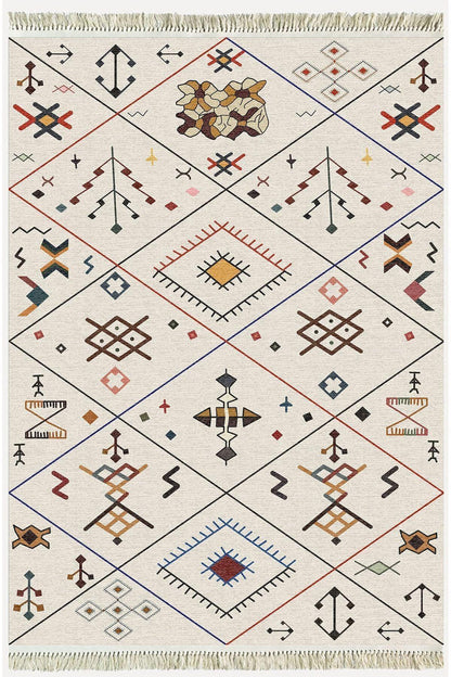 Cotton Serisi Krem Tonlarında Geometrik Desenli Dekoratif Dokuma Taban Kilim - HALI VAGONU