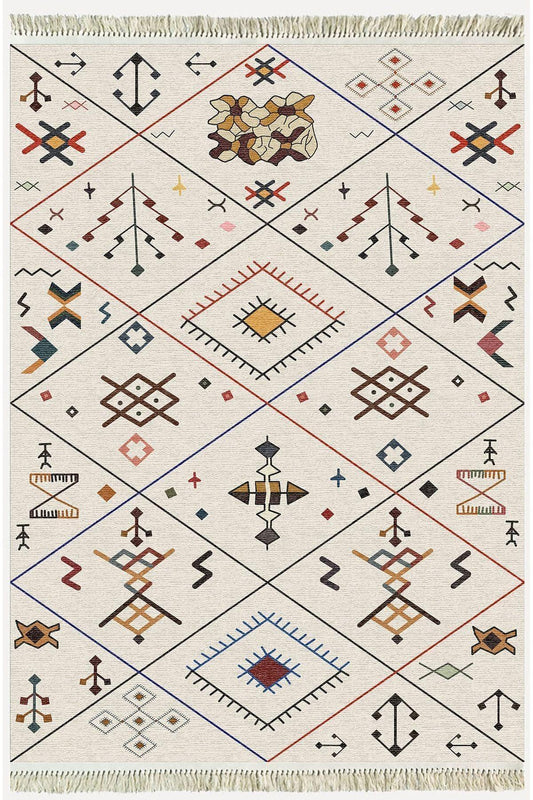 Cotton Serisi Krem Tonlarında Geometrik Desenli Dekoratif Dokuma Taban Kilim - HALI VAGONU