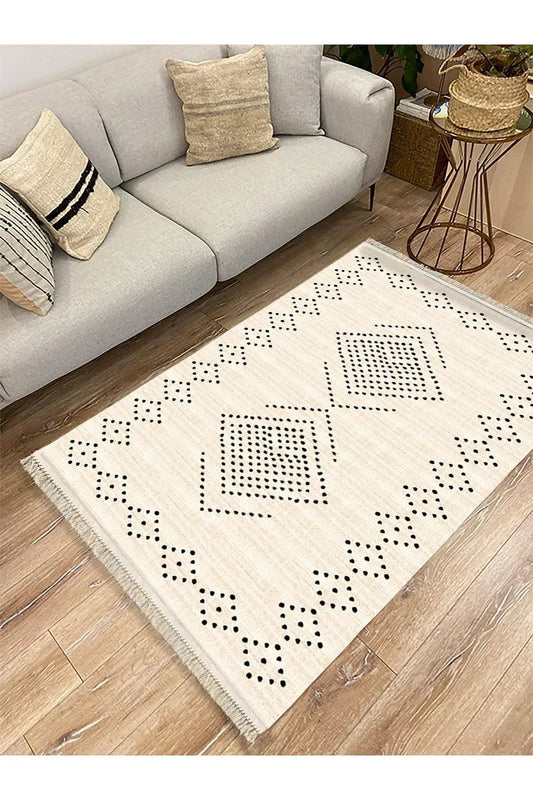 Cotton Serisi Krem Tonlarında Geometrik Eskitme Desen Dekoratif Dokuma Taban Kilim - HALI VAGONU