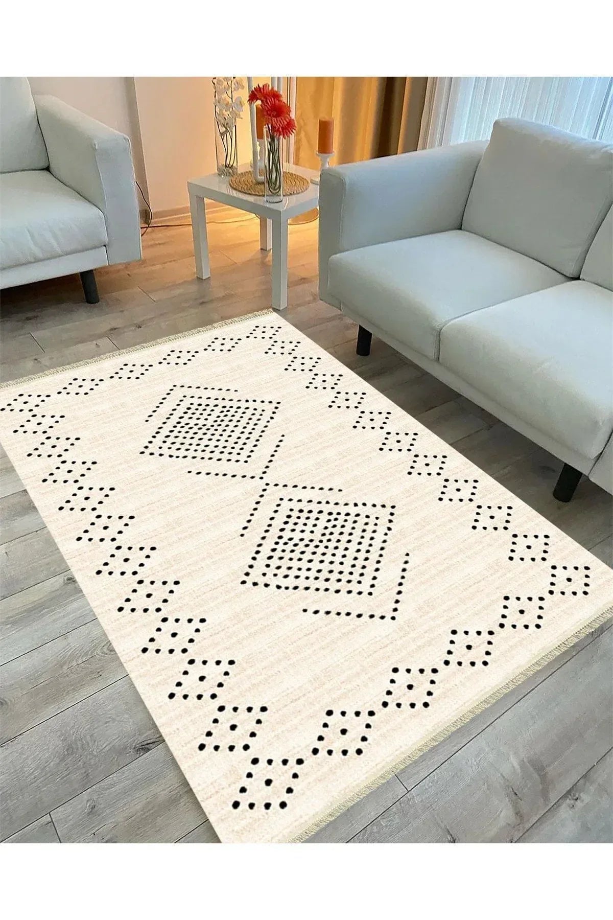 Cotton Serisi Krem Tonlarında Geometrik Eskitme Desen Dekoratif Dokuma Taban Kilim - HALI VAGONU