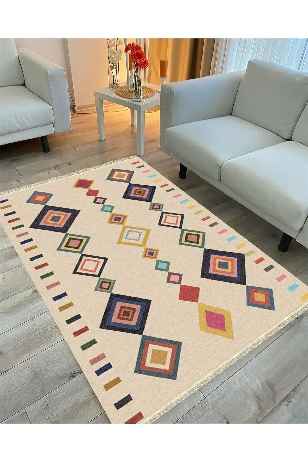 Cotton Serisi Krem Tonunda Bordürlü Desen Dekoratif Dokuma Taban Kilim - HALI VAGONU