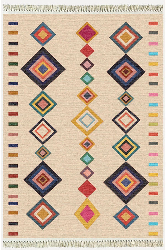 Cotton Serisi Krem Tonunda Bordürlü Desen Dekoratif Dokuma Taban Kilim - HALI VAGONU