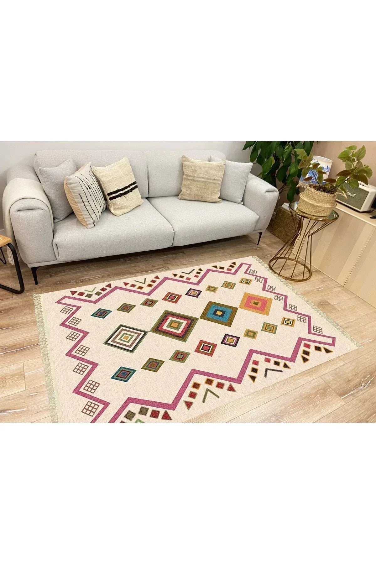 Cotton Serisi Krem Tonunda Geometrik Desenli Dekoratif Dokuma Taban Kilim - HALI VAGONU