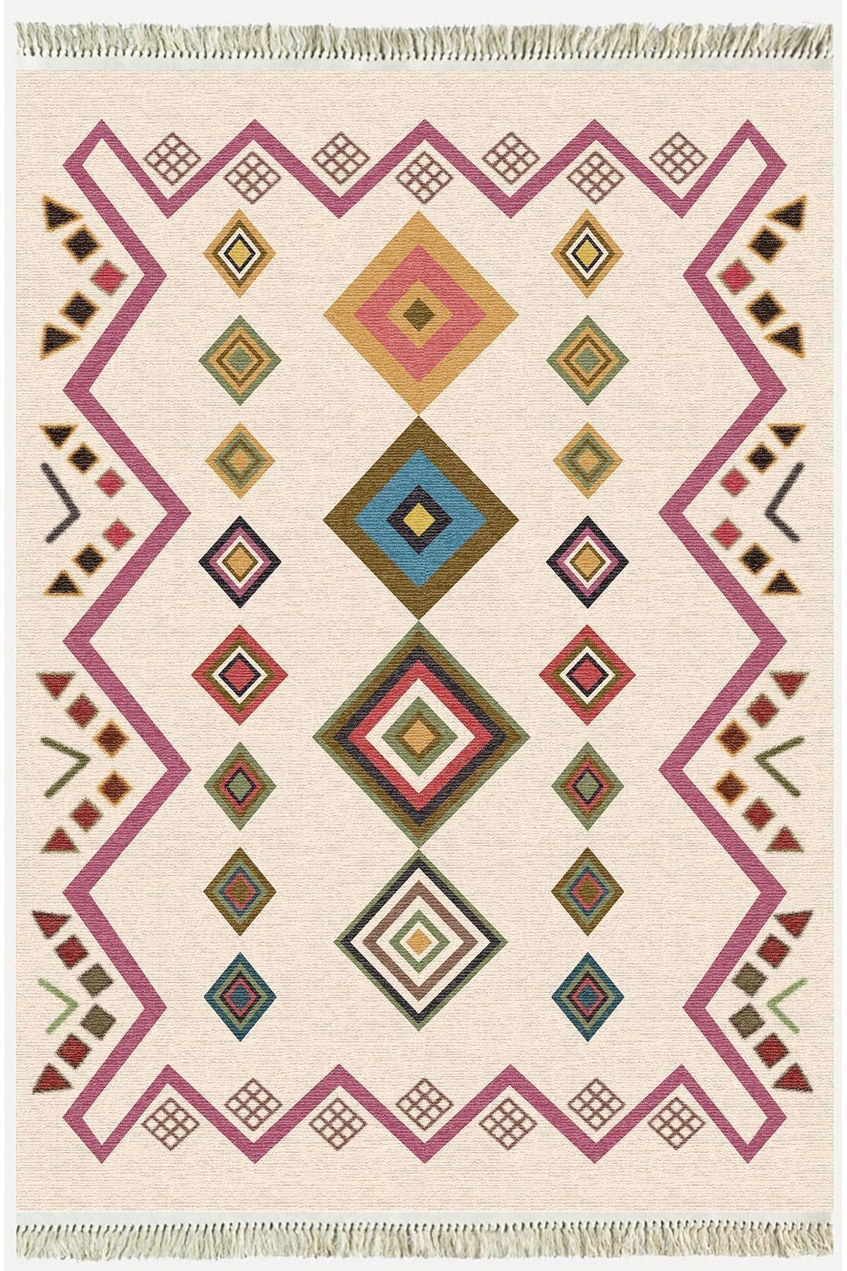 Cotton Serisi Krem Tonunda Geometrik Desenli Dekoratif Dokuma Taban Kilim - HALI VAGONU