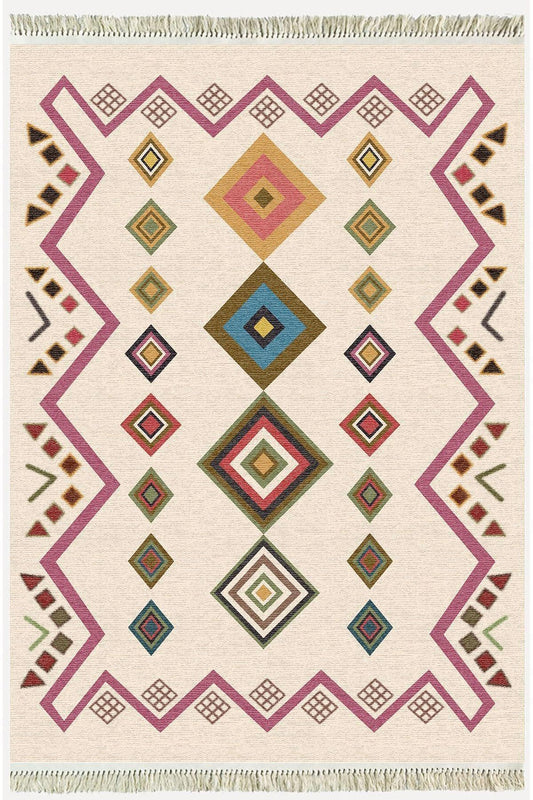 Cotton Serisi Krem Tonunda Geometrik Desenli Dekoratif Dokuma Taban Kilim - HALI VAGONU