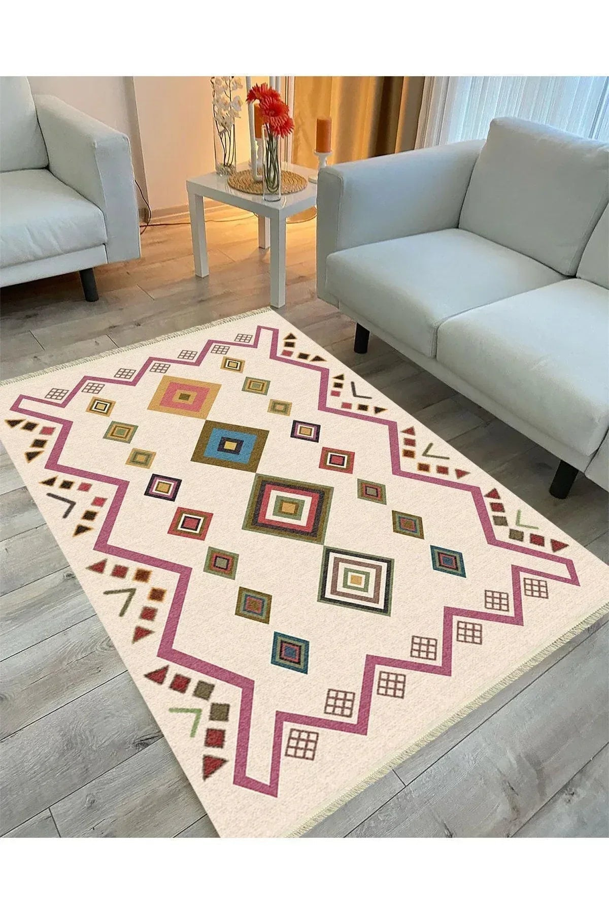 Cotton Serisi Krem Tonunda Geometrik Desenli Dekoratif Dokuma Taban Kilim - HALI VAGONU