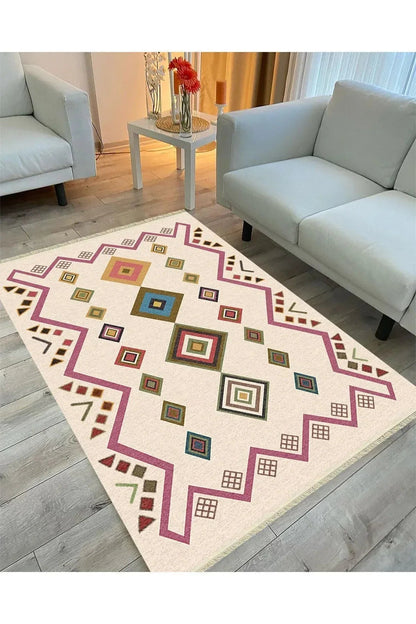 Cotton Serisi Krem Tonunda Geometrik Desenli Dekoratif Dokuma Taban Kilim - HALI VAGONU