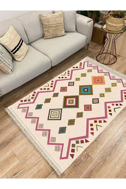 Cotton Serisi Krem Tonunda Geometrik Desenli Dekoratif Dokuma Taban Kilim - HALI VAGONU