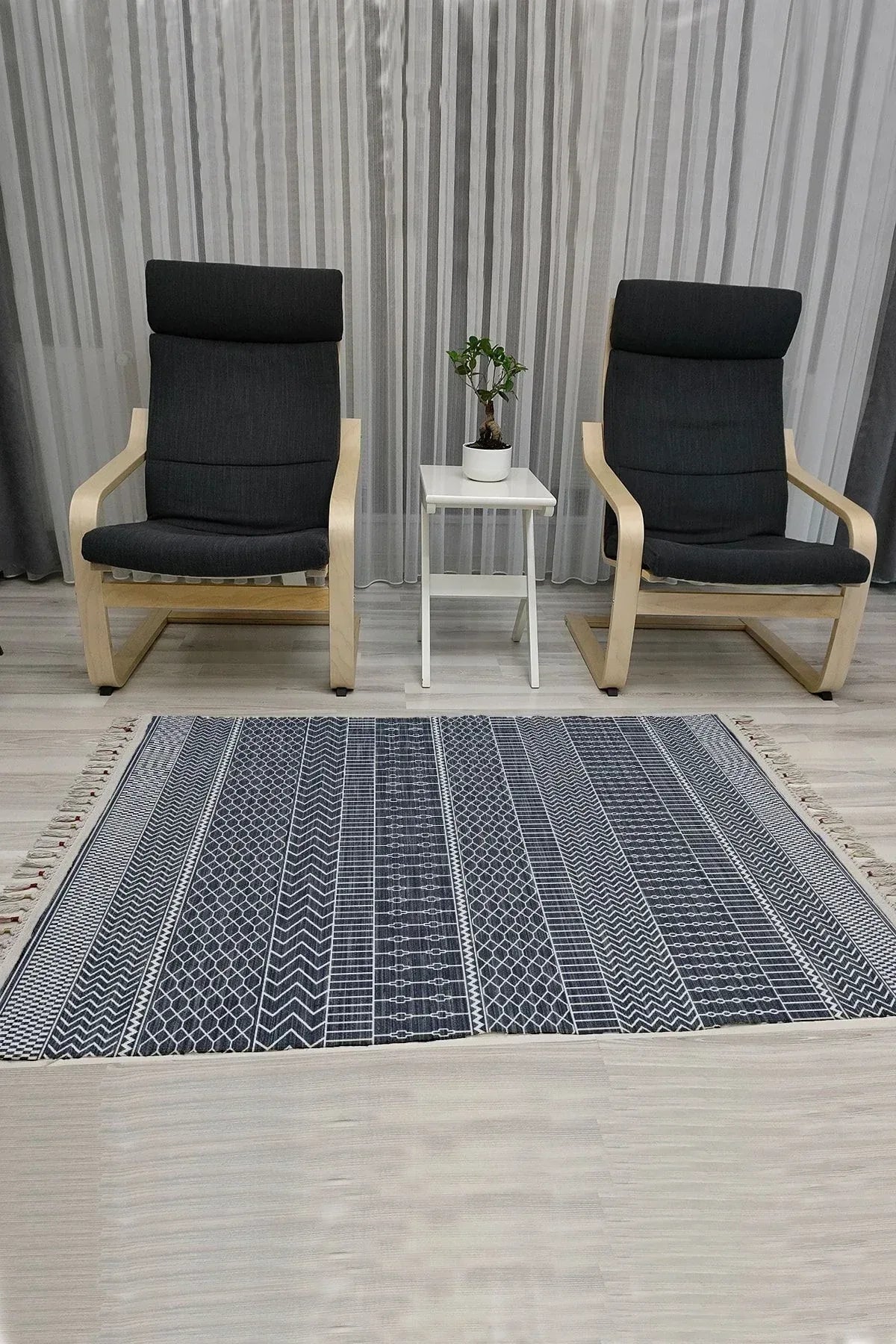 Cotton Serisi Lacivet Taban Üstünde Beyaz Geometrik Otantik Dekoratif Dokuma Taban Kilim - HALI VAGONU