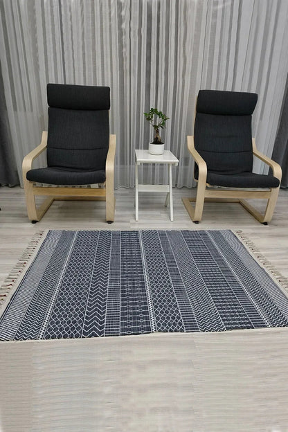 Cotton Serisi Lacivet Taban Üstünde Beyaz Geometrik Otantik Dekoratif Dokuma Taban Kilim - HALI VAGONU