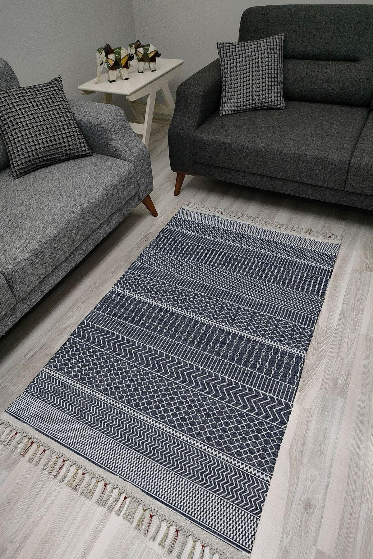 Cotton Serisi Lacivet Taban Üstünde Beyaz Geometrik Otantik Dekoratif Dokuma Taban Kilim - HALI VAGONU