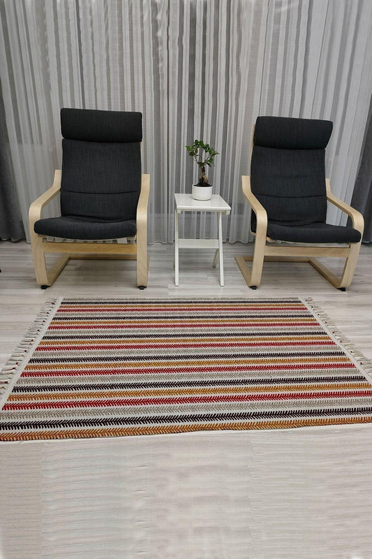 Cotton Serisi Multy Tonlar Çizgi Desenli Dekoratif Dokuma Taban Kilim - HALI VAGONU