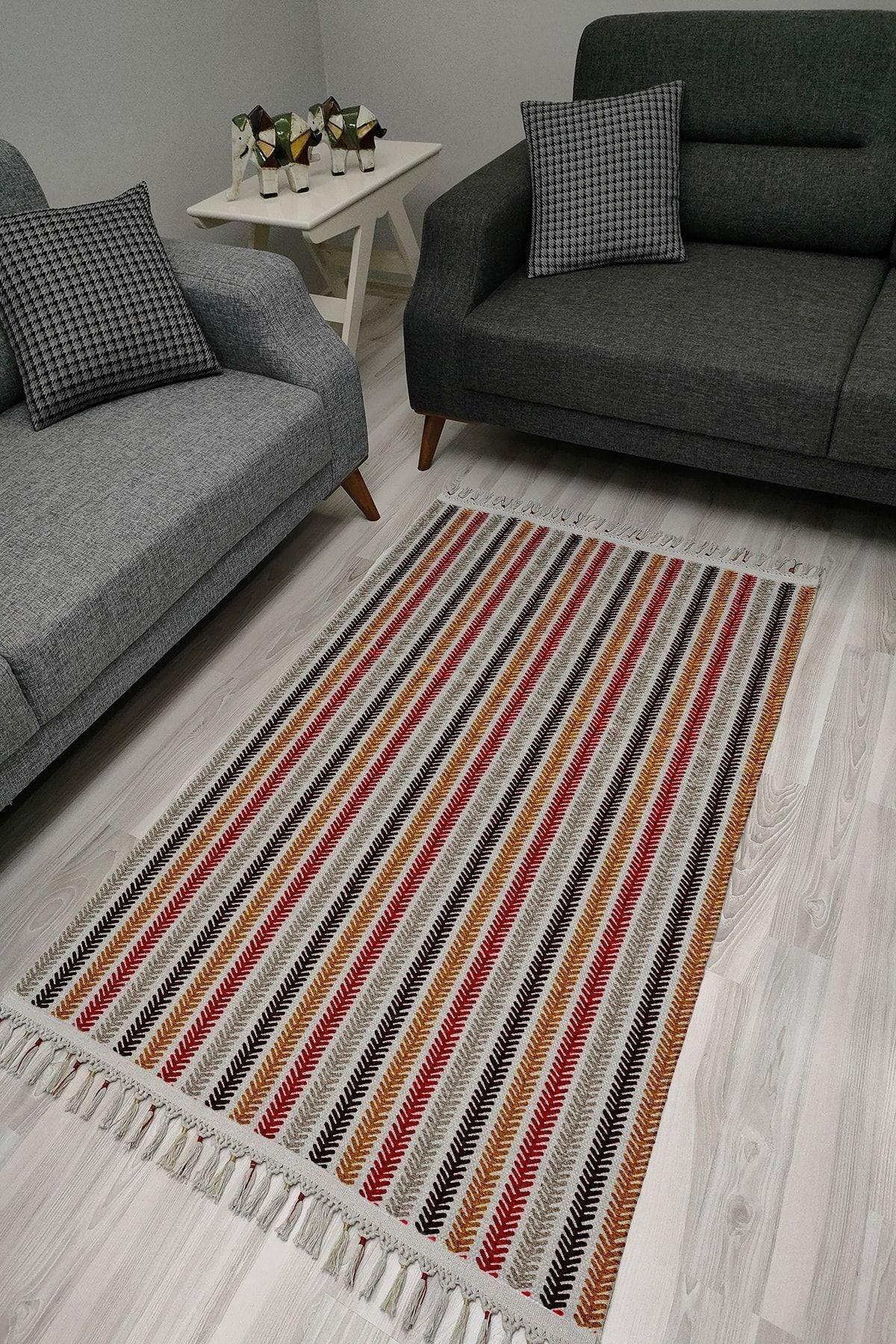 Cotton Serisi Multy Tonlar Çizgi Desenli Dekoratif Dokuma Taban Kilim - HALI VAGONU