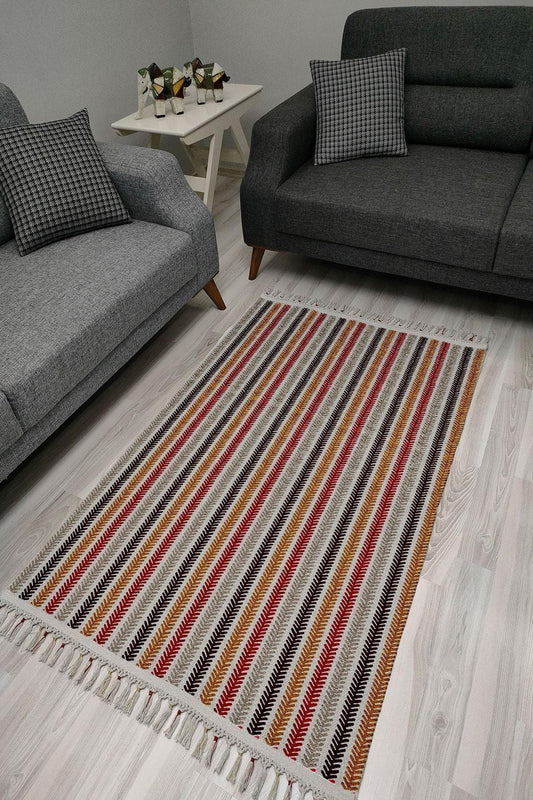 Cotton Serisi Multy Tonlar Çizgi Desenli Dekoratif Dokuma Taban Kilim - HALI VAGONU