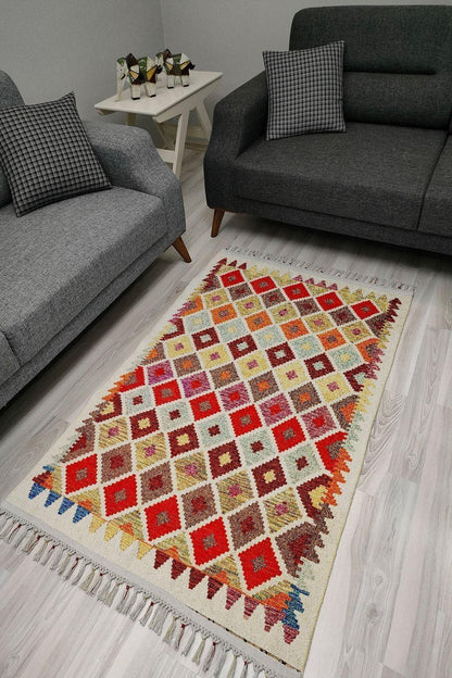 Cotton Serisi Multy Tonlar Otantik Baklava Desenli Dekoratif Dokuma Taban Kilim - HALI VAGONU